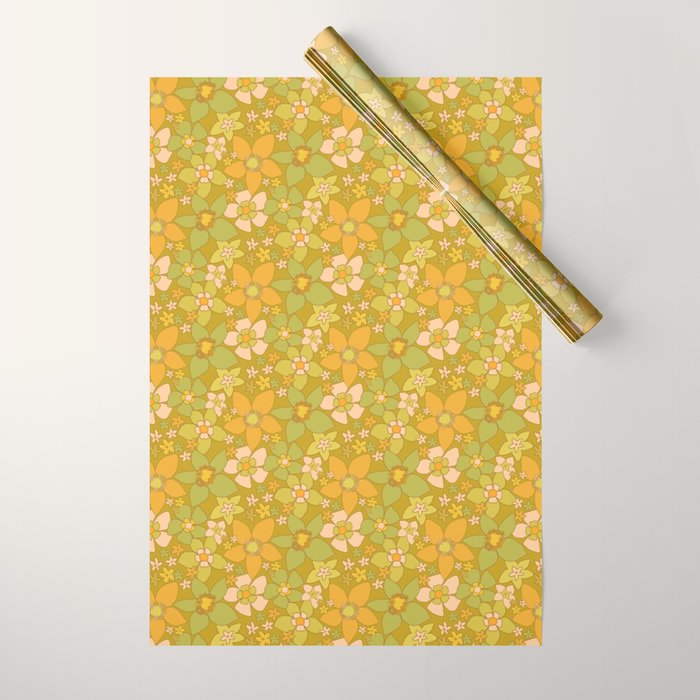 70s groovy retro floral pattern orange brown green handdrawn by surfy birdy  Wrapping Paper