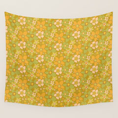 70s groovy retro floral pattern orange brown green handdrawn by surfy birdy  Wall Tapestry
