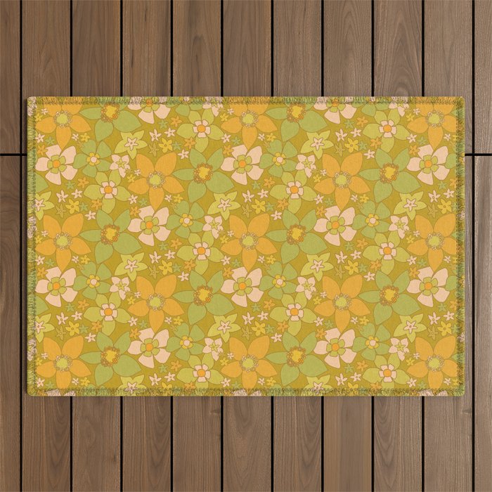 70s groovy retro floral pattern orange brown green handdrawn by surfy birdy  Outdoor Rug