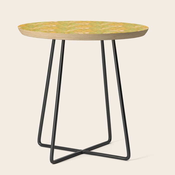 70s groovy retro floral pattern orange brown green handdrawn by surfy birdy  Side Table