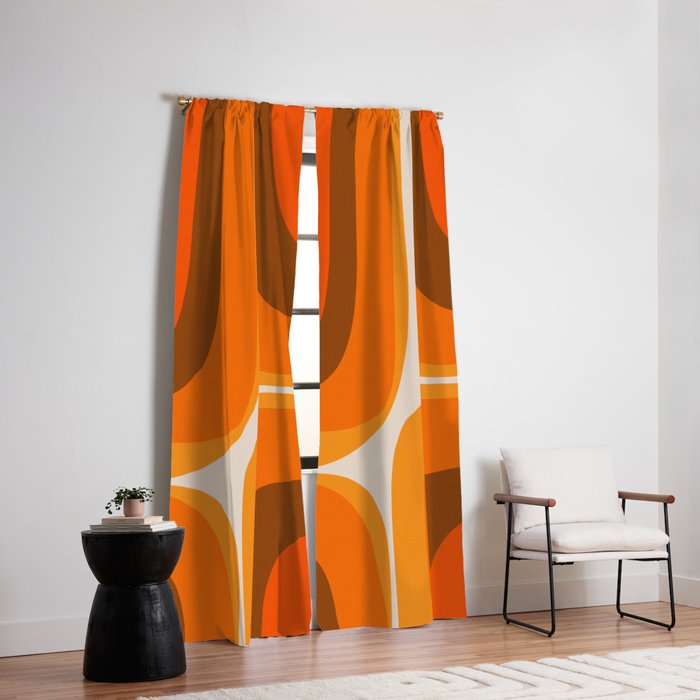 70s Retro Groove Minimalist Mid Century Modern Abstract in 1970s Brown and Orange Window Curtain
