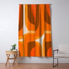 70s Retro Groove Minimalist Mid Century Modern Abstract in 1970s Brown and Orange Window Curtain