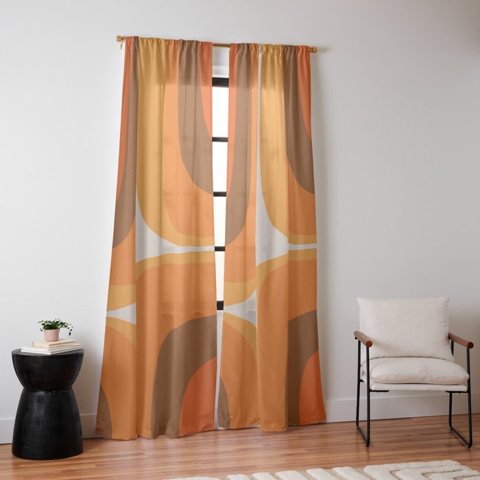 70s Retro Groove Minimalist Mid Century Modern Abstract in 1970s Brown and Orange Window Curtain