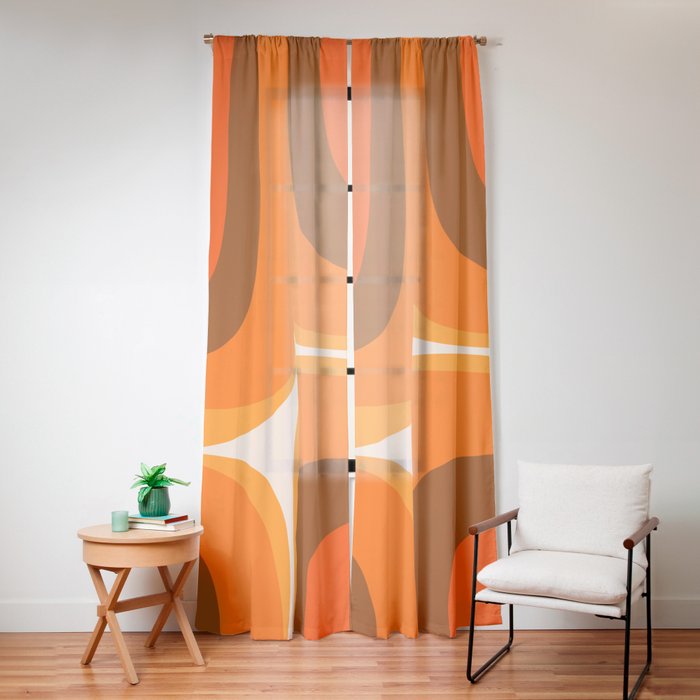 70s Retro Groove Minimalist Mid Century Modern Abstract in 1970s Brown and Orange Window Curtain