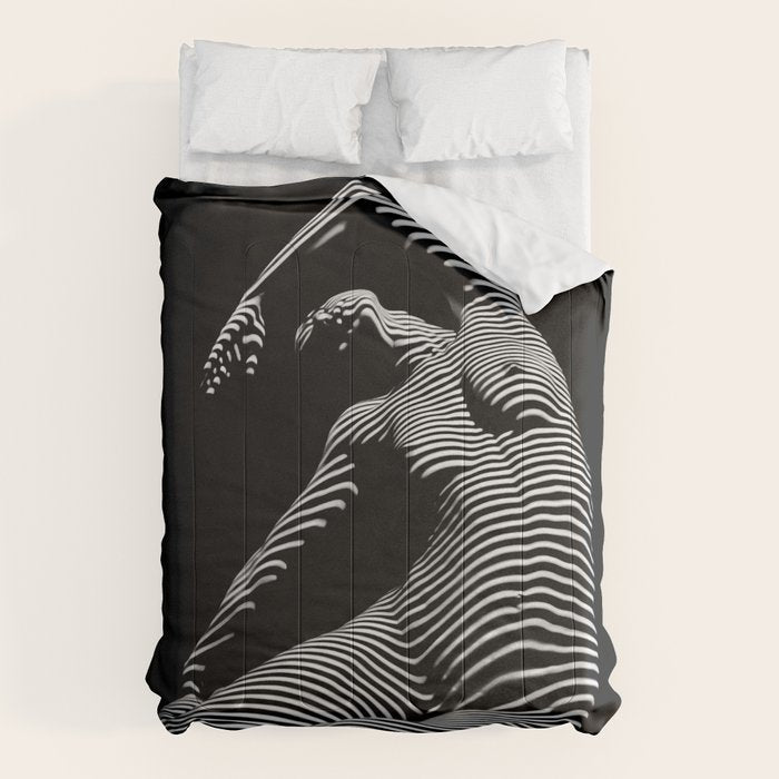 0077s-DJA Abstract Photograph of Seated Woman Striped by Light and Shade Comforter