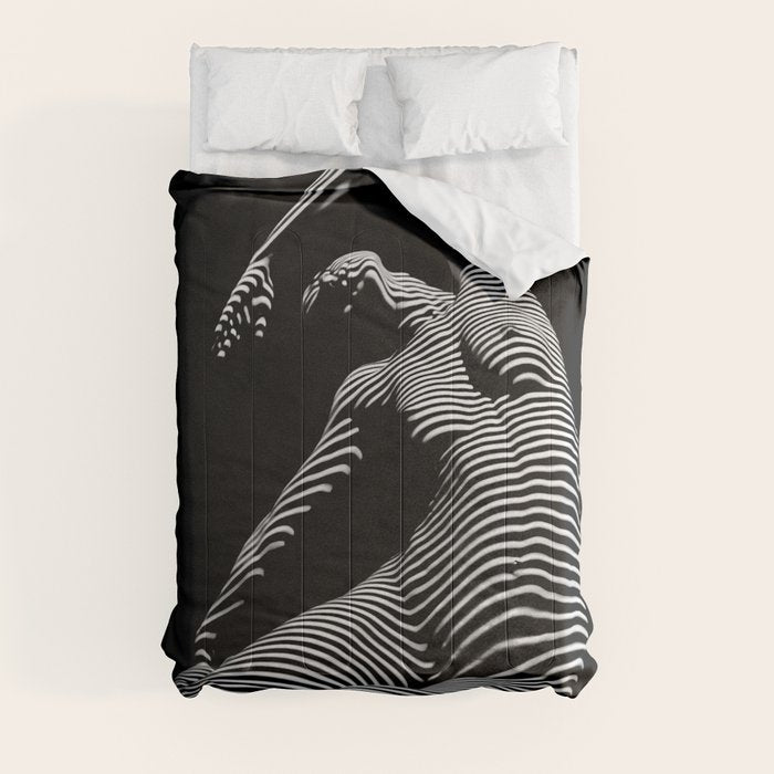 0077s-DJA Abstract Photograph of Seated Woman Striped by Light and Shade Comforter