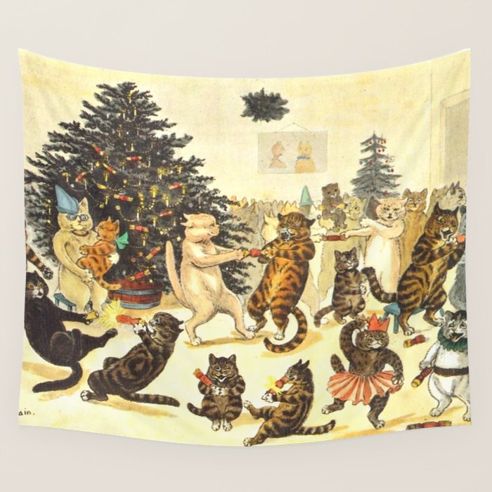 Christmas Party Cats' by Louis Wain Vintage Cat Art Wall Tapestry