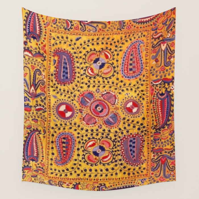 19th Century Uzbekistan Suzani with Gold Background  Wall Tapestry