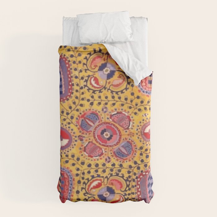 19th Century Uzbekistan Suzani with Gold Background  Duvet Cover