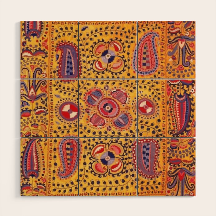 19th Century Uzbekistan Suzani with Gold Background  Wood Wall Art