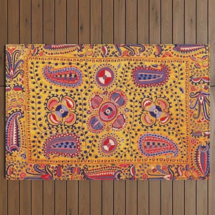 19th Century Uzbekistan Suzani with Gold Background  Outdoor Rug