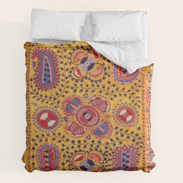 19th Century Uzbekistan Suzani with Gold Background  Duvet Cover