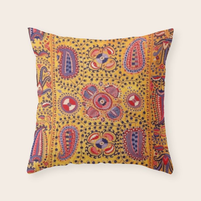 19th Century Uzbekistan Suzani with Gold Background  Throw Pillow