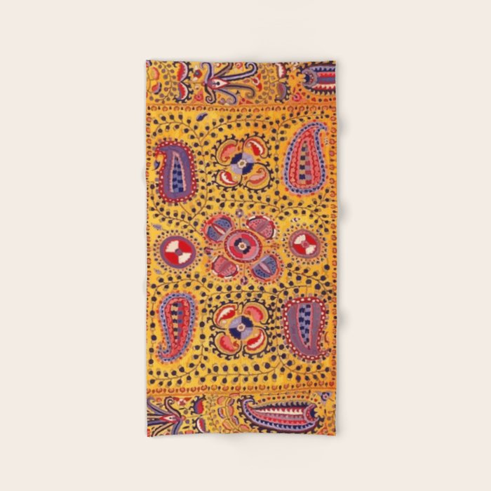 19th Century Uzbekistan Suzani with Gold Background  Bath Towel