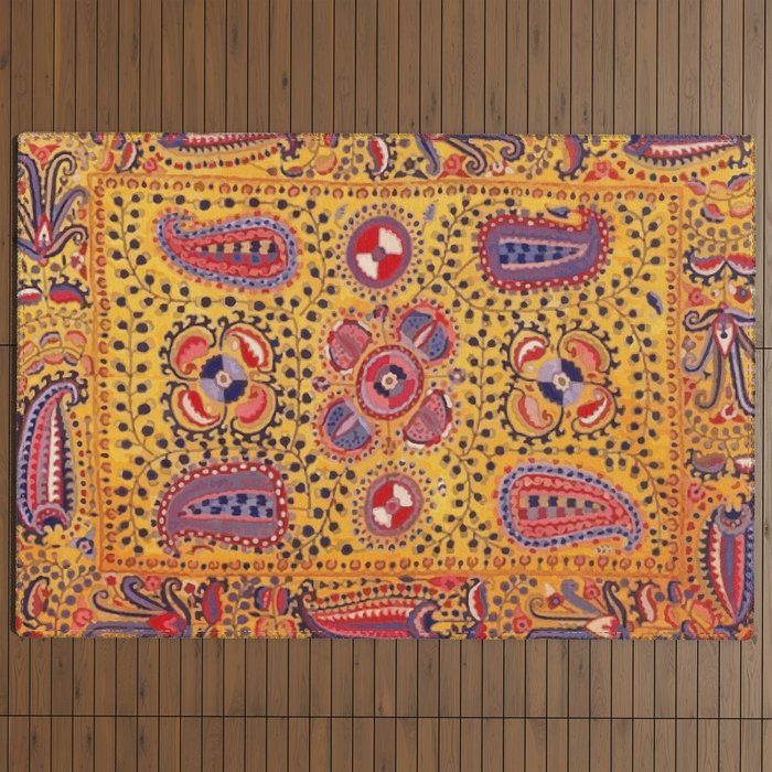 19th Century Uzbekistan Suzani with Gold Background  Outdoor Rug