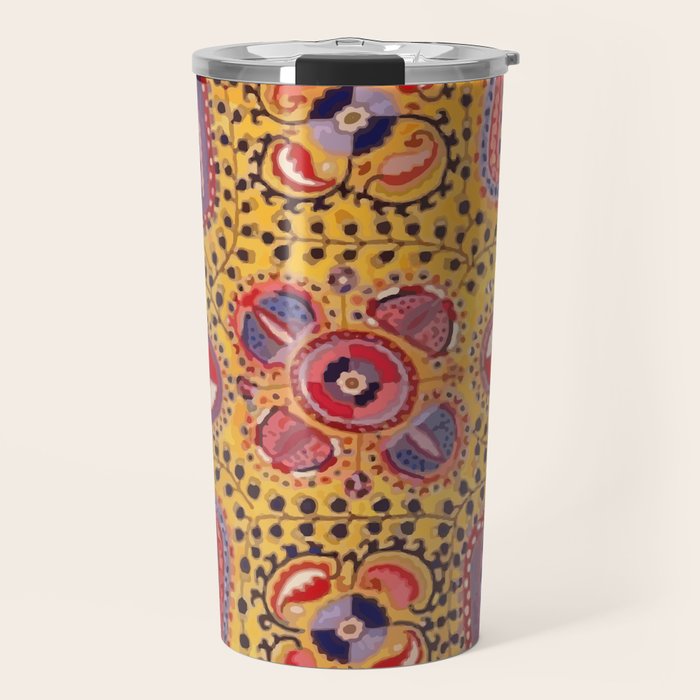 19th Century Uzbekistan Suzani with Gold Background  Travel Mug