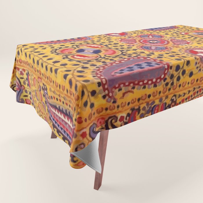 19th Century Uzbekistan Suzani with Gold Background  Tablecloth