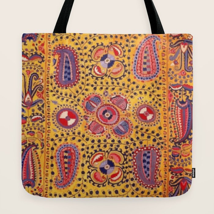 19th Century Uzbekistan Suzani with Gold Background  Tote Bag