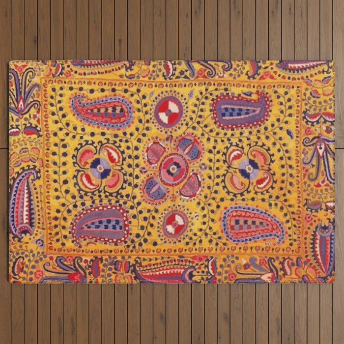 19th Century Uzbekistan Suzani with Gold Background  Outdoor Rug