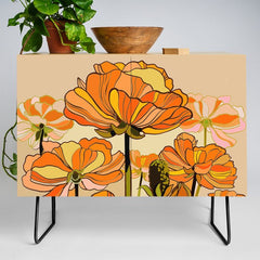 70s, Orange California poppies, mid century, 70s retro, flowers Credenza