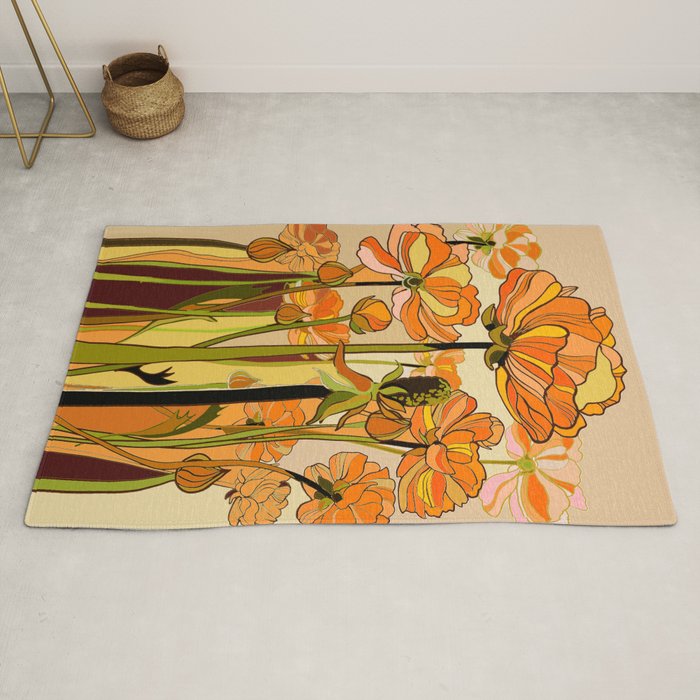 70s, Orange California poppies, mid century, 70s retro, flowers Rug
