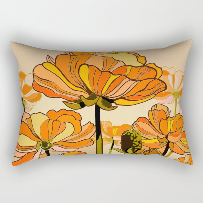 70s, Orange California poppies, mid century, 70s retro, flowers Rectangular Pillow