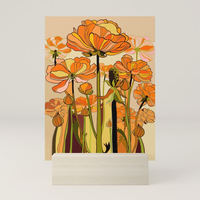 70s, Orange California poppies, mid century, 70s retro, flowers Mini Art Print