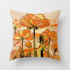 70s, Orange California poppies, mid century, 70s retro, flowers Throw Pillow