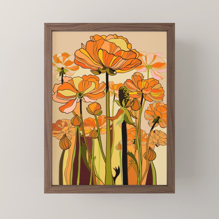 70s, Orange California poppies, mid century, 70s retro, flowers Mini Art Print