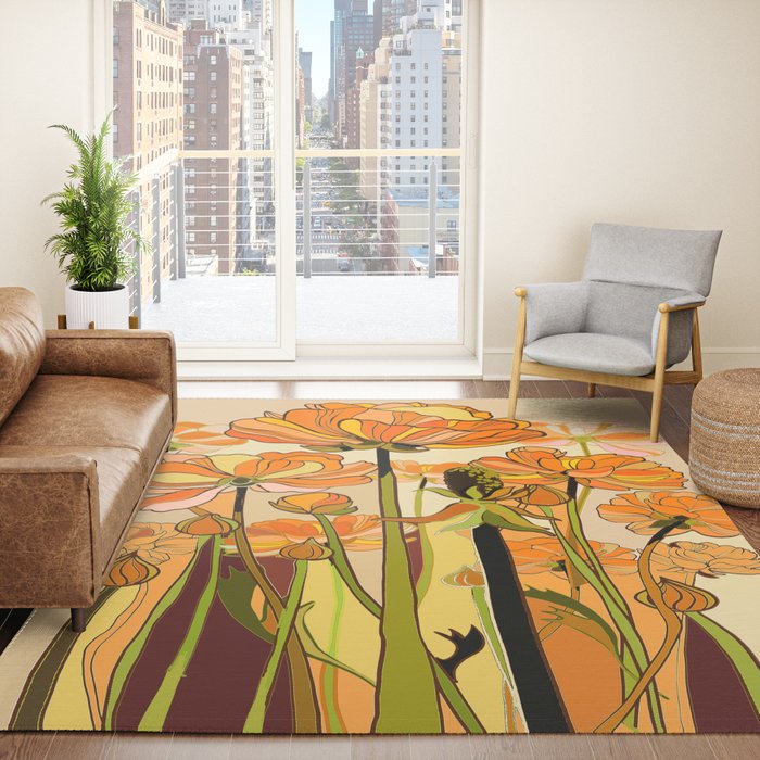 70s, Orange California poppies, mid century, 70s retro, flowers Rug