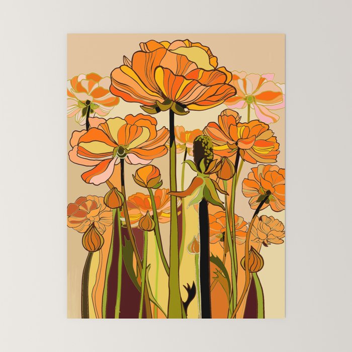 70s, Orange California poppies, mid century, 70s retro, flowers Mini Art Print