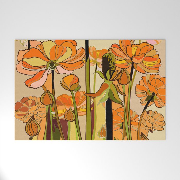 70s, Orange California poppies, mid century, 70s retro, flowers Welcome Mat