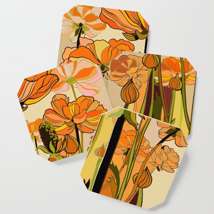 70s, Orange California poppies, mid century, 70s retro, flowers Coaster