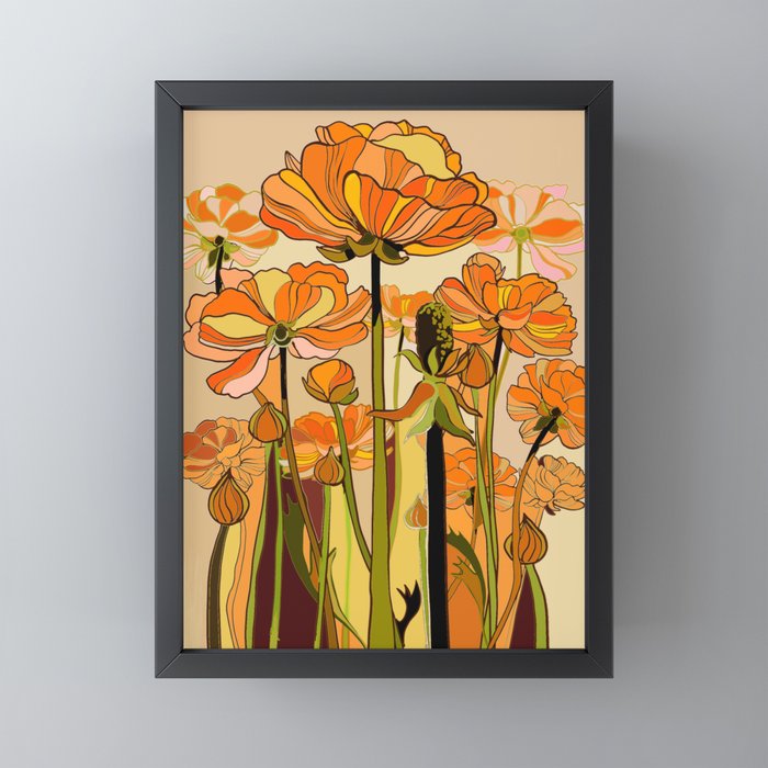 70s, Orange California poppies, mid century, 70s retro, flowers Mini Art Print