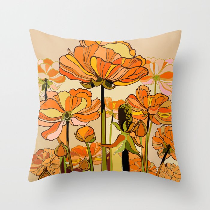 70s, Orange California poppies, mid century, 70s retro, flowers Throw Pillow