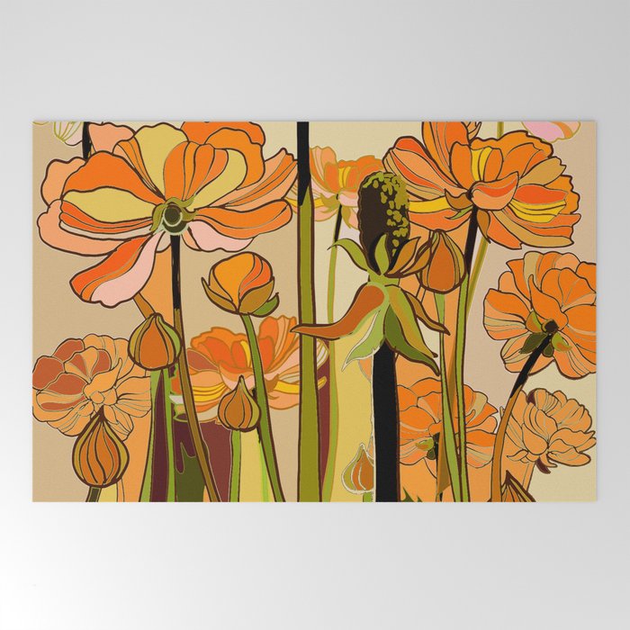 70s, Orange California poppies, mid century, 70s retro, flowers Welcome Mat