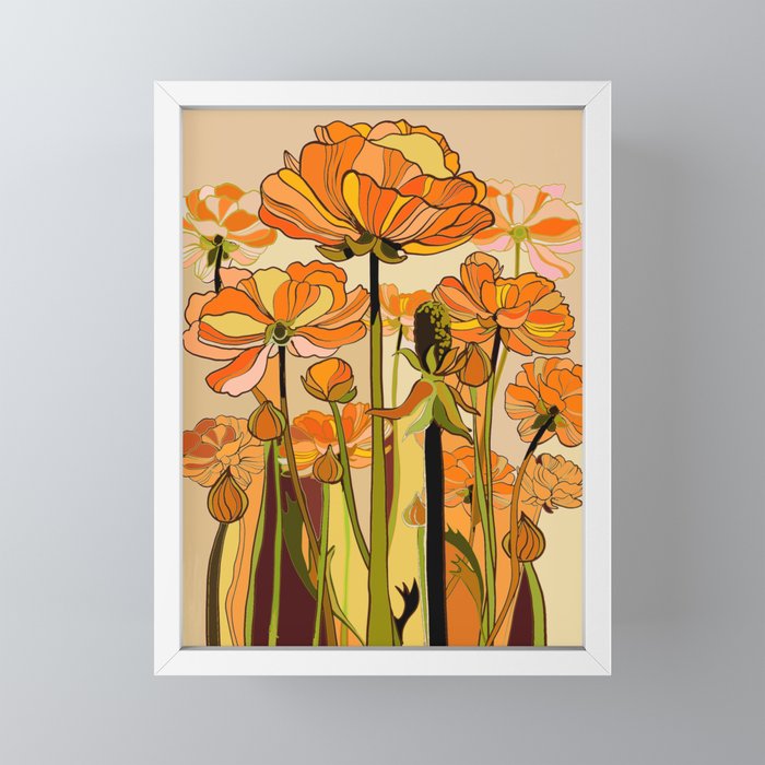 70s, Orange California poppies, mid century, 70s retro, flowers Mini Art Print