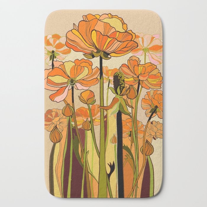 70s, Orange California poppies, mid century, 70s retro, flowers Bath Mat