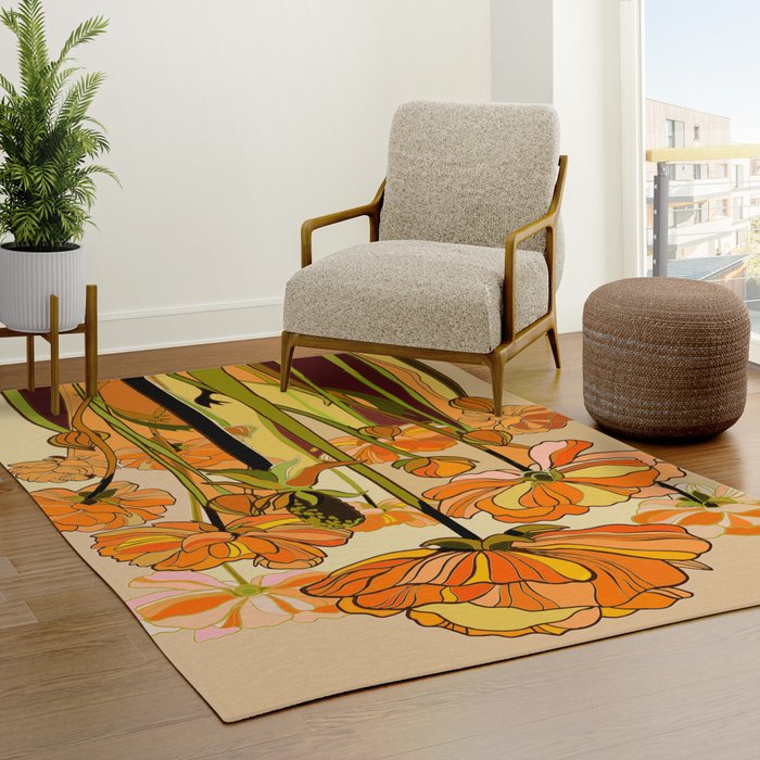 70s, Orange California poppies, mid century, 70s retro, flowers Rug