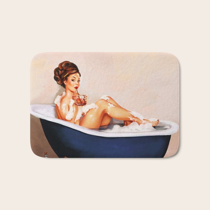 "Bathtub Whiskey" - Cute Vintage Brunette Pinup Girl Soaks & Enjoys A Cocktail. (V.2) Bath Mat