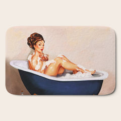 "Bathtub Whiskey" - Cute Vintage Brunette Pinup Girl Soaks & Enjoys A Cocktail. (V.2) Bath Mat