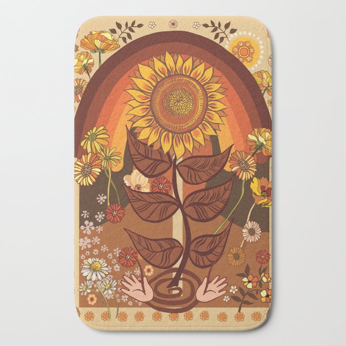 70s, Sunflower, retro, rainbow, warm colors, 60s, boho Bath Mat