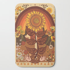 70s, Sunflower, retro, rainbow, warm colors, 60s, boho Bath Mat