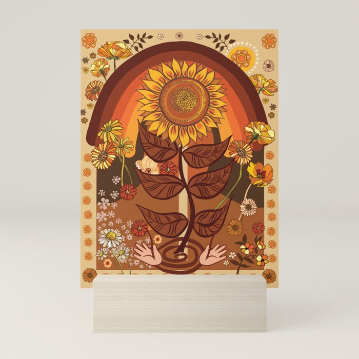70s, Sunflower, retro, rainbow, warm colors, 60s, boho Mini Art Print