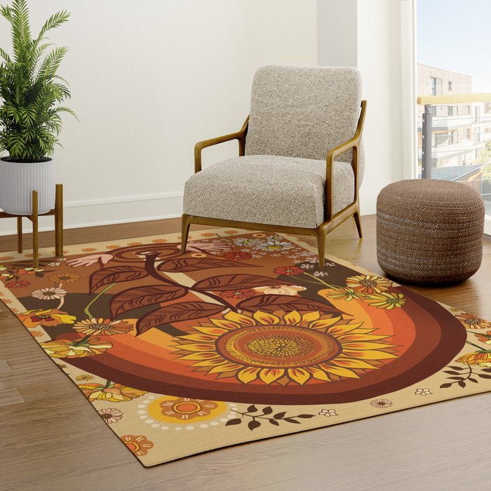 70s, Sunflower, retro, rainbow, warm colors, 60s, boho Rug