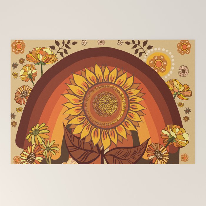 70s, Sunflower, retro, rainbow, warm colors, 60s, boho Welcome Mat
