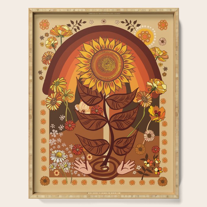 70s, Sunflower, retro, rainbow, warm colors, 60s, boho Serving Tray