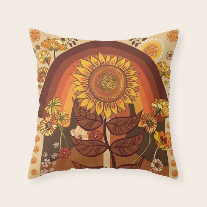 70s, Sunflower, retro, rainbow, warm colors, 60s, boho Throw Pillow