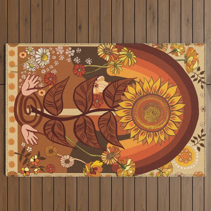70s, Sunflower, retro, rainbow, warm colors, 60s, boho Outdoor Rug