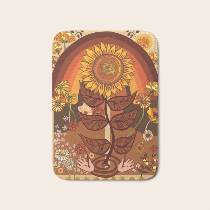 70s, Sunflower, retro, rainbow, warm colors, 60s, boho Bath Mat